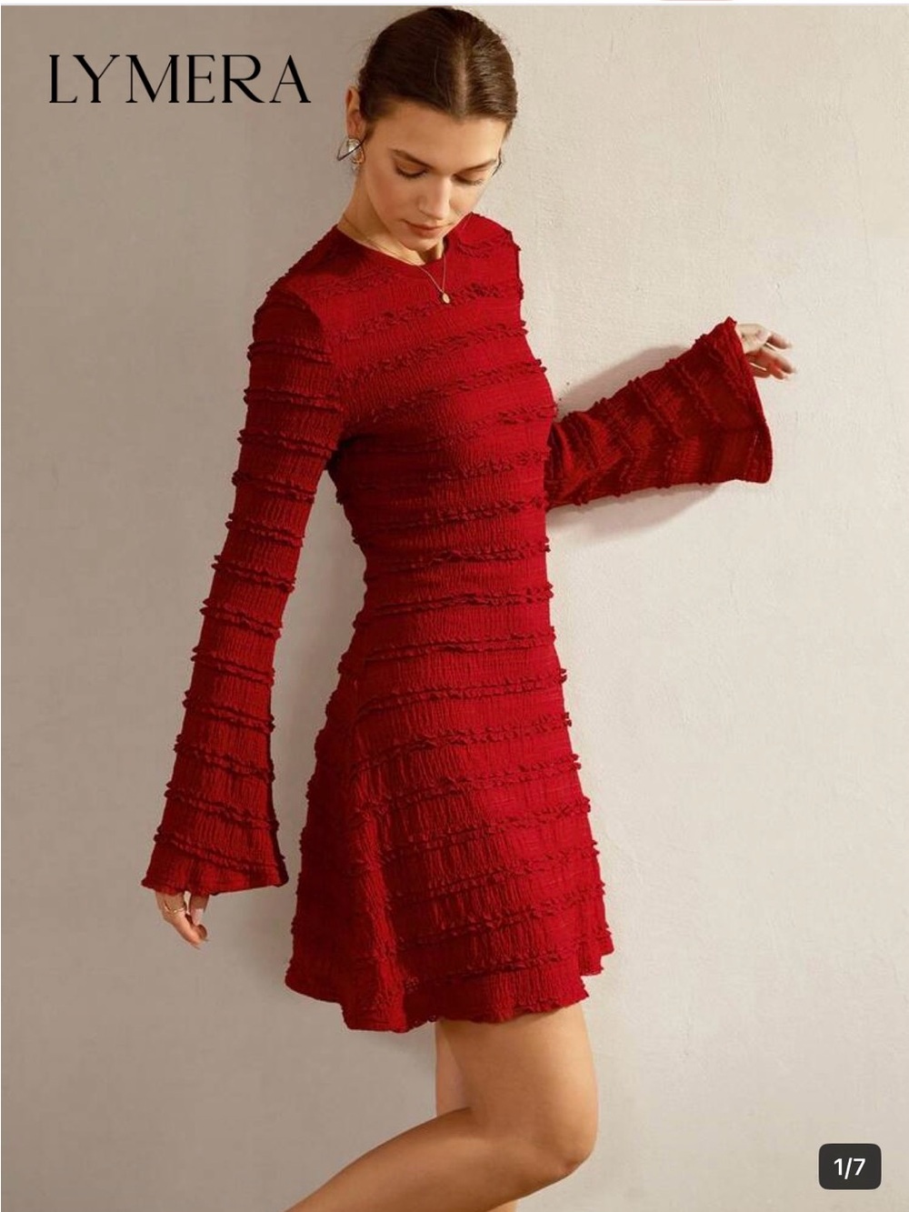 Red Textured Bell-Sleeve Mini Dress